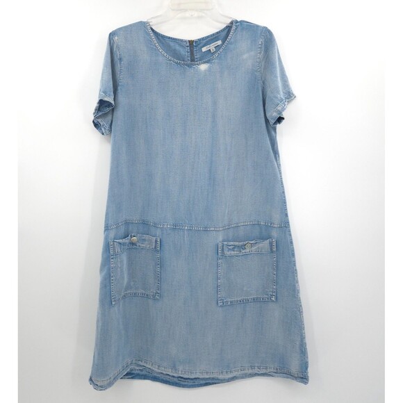 John Mark distressed denim A-line shift dress Size M blue short sleeve Lyocell - Picture 1 of 6